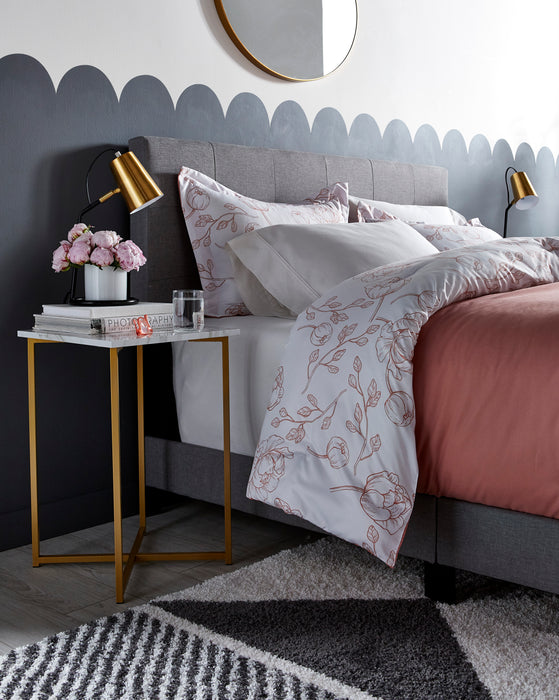 Tara Upholstered Bed in Grey Linen-Look Fabric, Button Tufted - Full Size