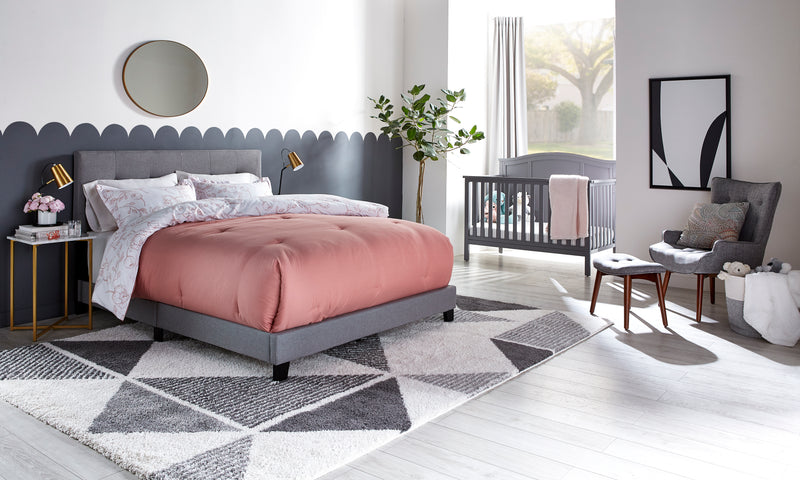 Tara Upholstered Bed in Grey Linen-Look Fabric, Button Tufted - Full Size