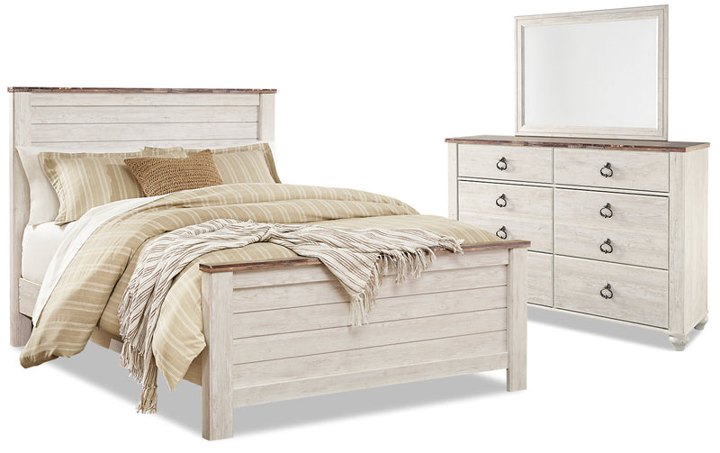 Willowton 5pc Bedroom Set with Bed, Dresser & Mirror, Whitewash - Queen Size