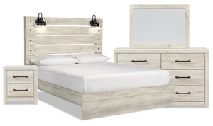 Abby 6pc Bedroom Set with Panel Bed, Dresser, Mirror & Nightstand, LED, USB, White - King Size