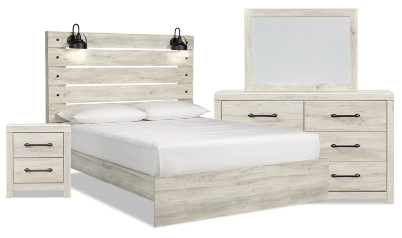Abby 6pc Bedroom Set with Panel Bed, Dresser, Mirror & Nightstand, LED, USB, White - King Size