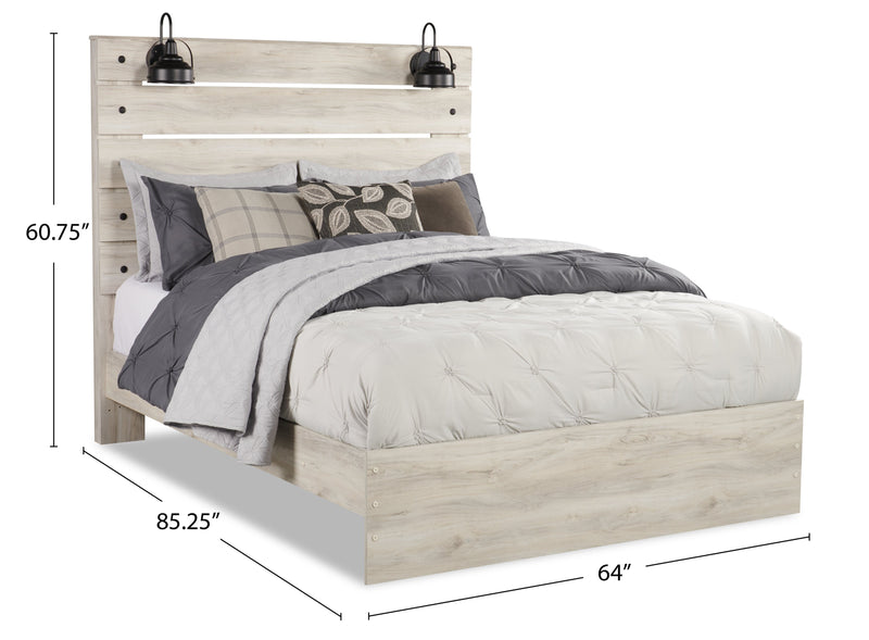 Abby Panel Bed with Headboard & Frame, LED, USB, White - Queen Size