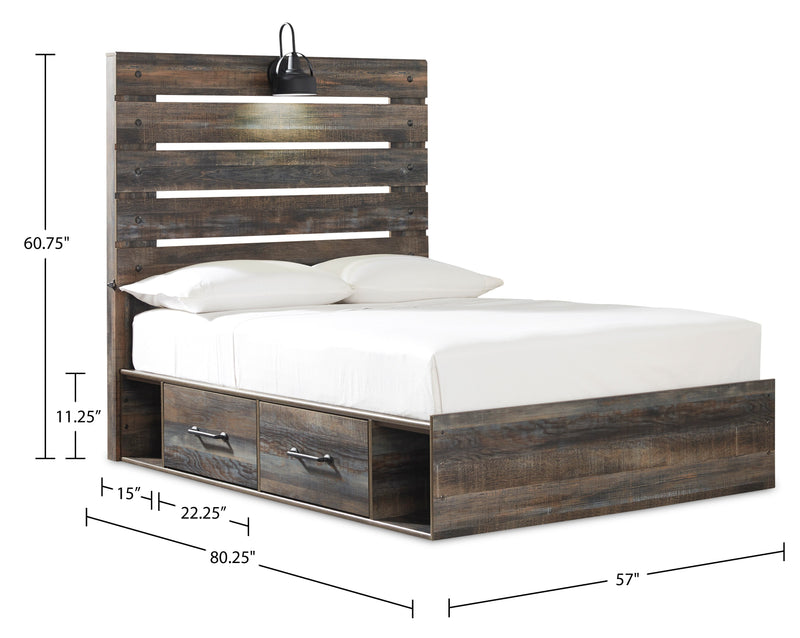 Abby Platform Side Storage Bed with LED Light & USB Ports, Brown - Full Size