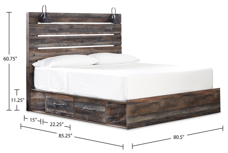 Abby Platform Side Storage Bed with LED Lights & USB Ports, Brown - King Size