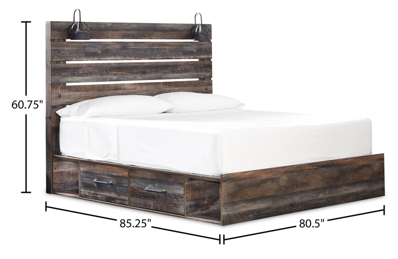 Abby 5pc Bedroom Set with Side Storage Bed, Dresser & Mirror, LED, USB, Brown - King Size