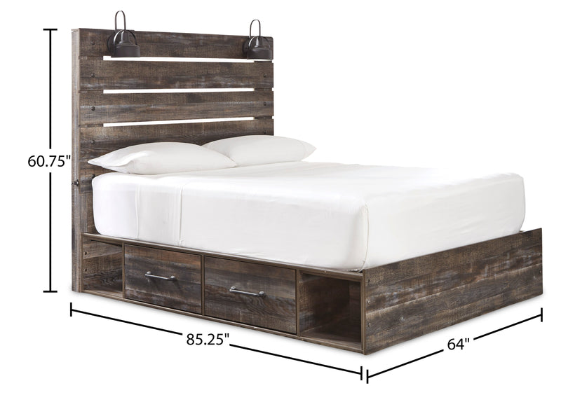 Abby 6pc Bedroom Set with Side Storage Bed, Dresser, Mirror & Nightstand, LED, USB, Brown - Queen Size