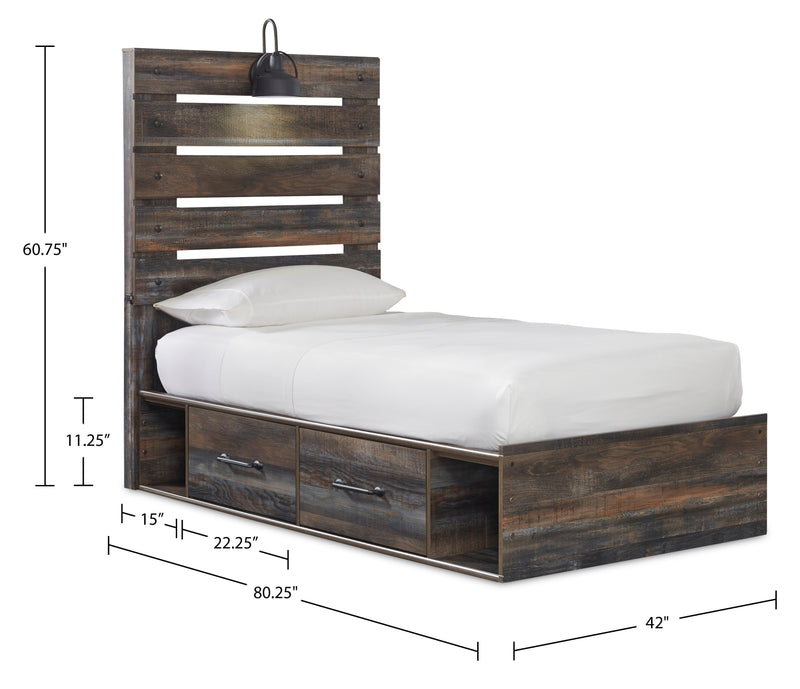 Abby Side Storage Bed with LED Light & USB Ports for Kids, Brown - Twin Size