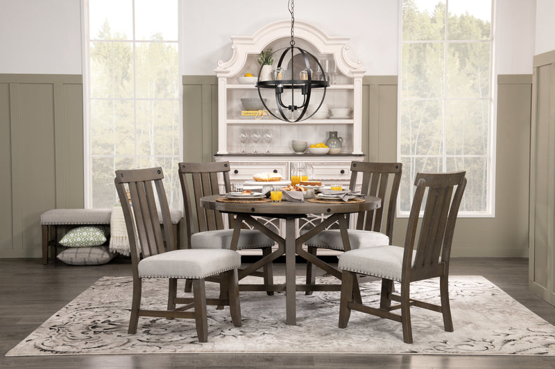 Alto Round Dining Table with 48-66\"W Extension, Trestle Base - Grey