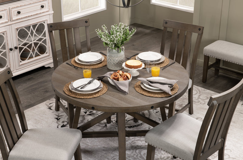 Alto Round Dining Table with 48-66\"W Extension, Trestle Base - Grey