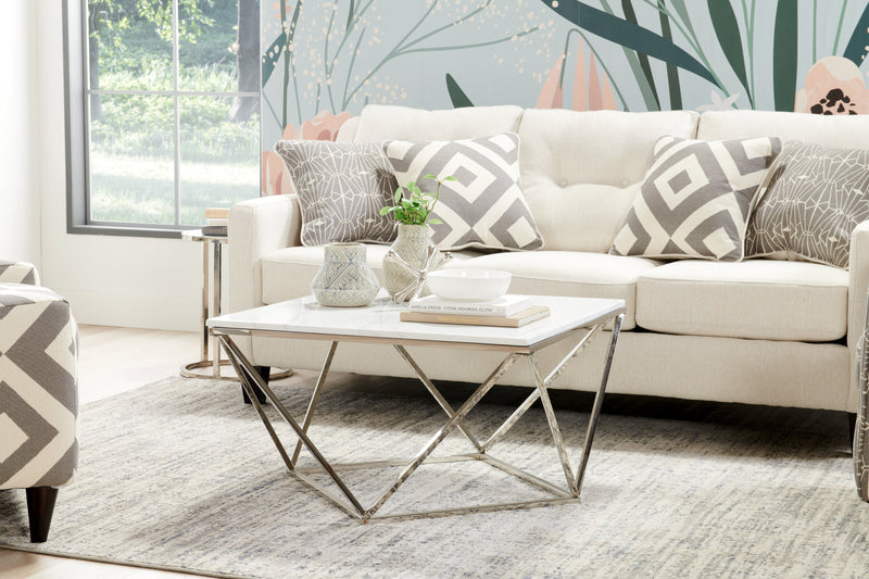 Amanda 31.5\" Modern Square Coffee Table - White Marble Top with Chrome Metal Base