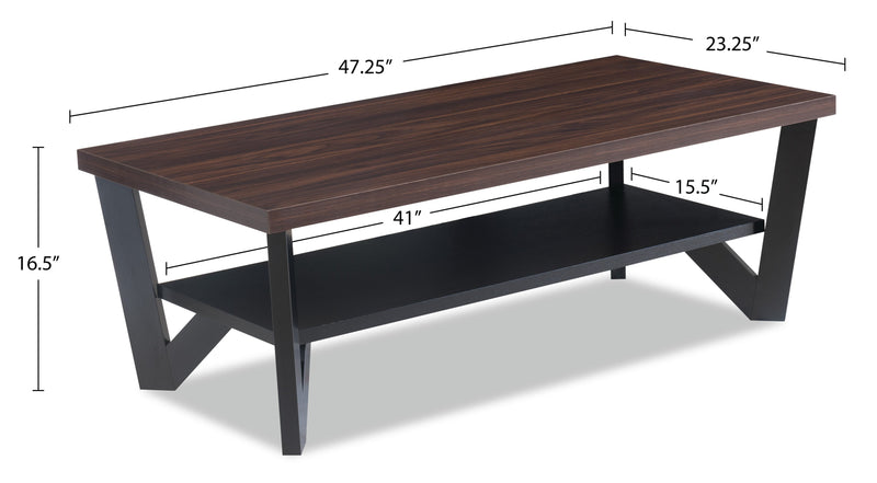 Arika 47.5\" Modern 3-Pack Coffee + 2 End Tables with Shelf - Dark Walnut annd Black 