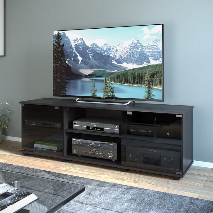 Fiji 60\" Modern TV Stand with Storage and Cable Management for TVs up to 65\"- Black with Glass