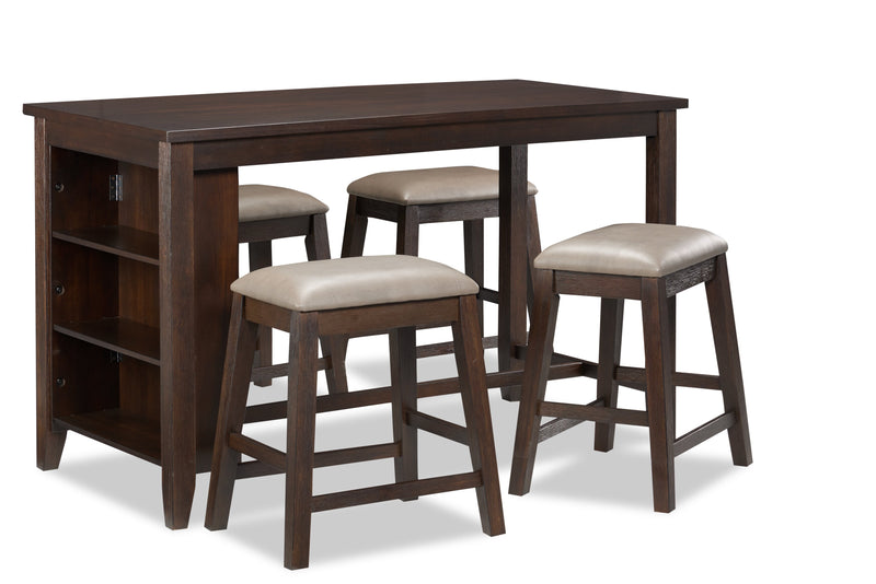 Astoria 5pc Counter-Height Dining Set with Table & 4 Stools, Built-in Shelves, 60\"W - Brown