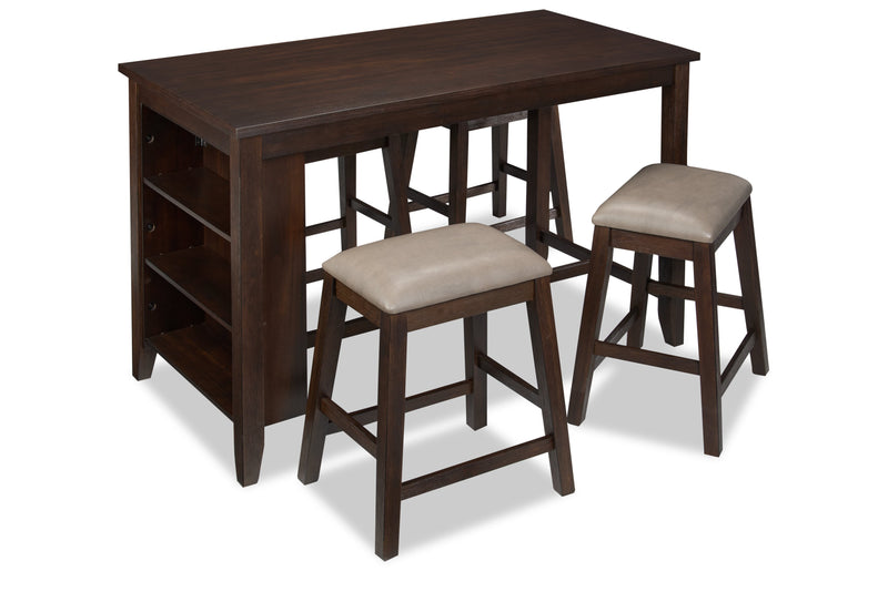Astoria 5pc Counter-Height Dining Set with Table & 4 Stools, Built-in Shelves, 60\"W - Brown
