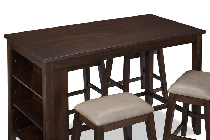 Astoria 5pc Counter-Height Dining Set with Table & 4 Stools, Built-in Shelves, 60\"W - Brown