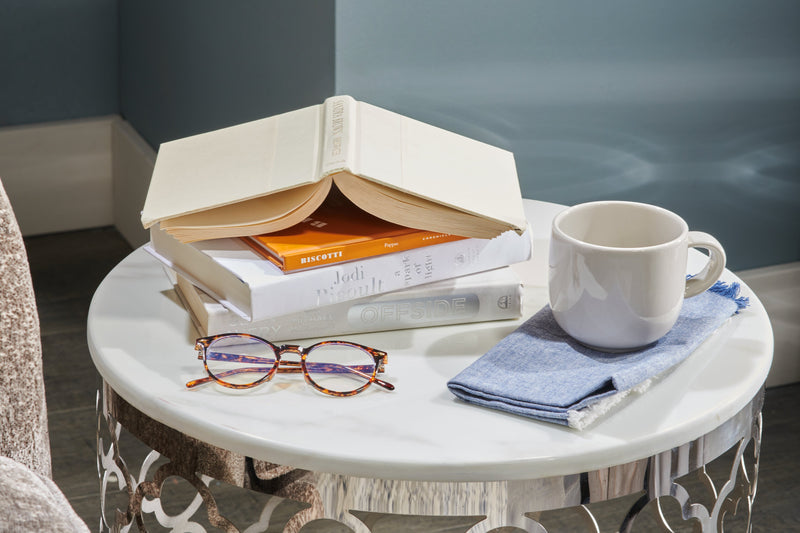Belle 19.75\" Glam Round End Table - White Marble Top with Stainless Steel Base