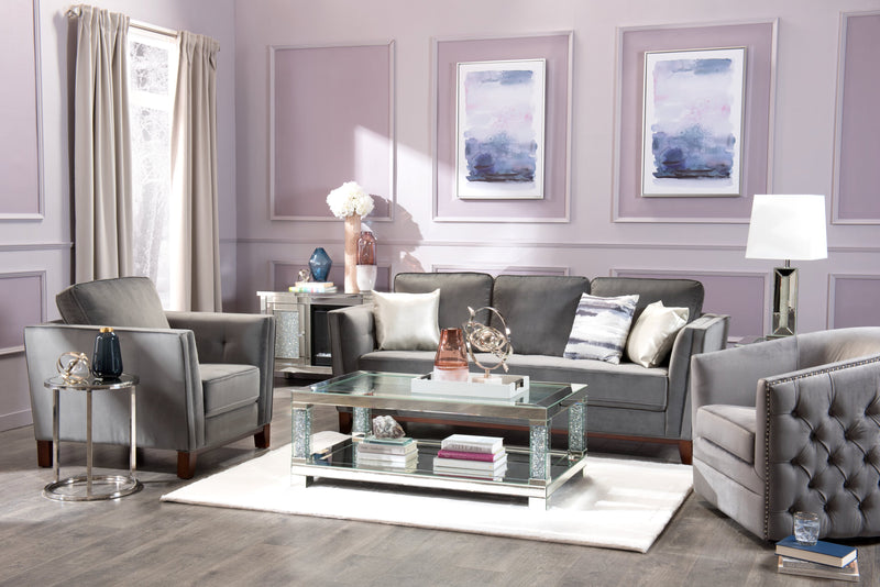 Berni 47.2\" Glam Mirror & Glass Top Coffee Table with Shelf - Silver Metal with Diamond Look Legs