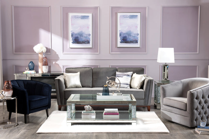 Berni 47.2\" Glam Mirror & Glass Top Coffee Table with Shelf - Silver Metal with Diamond Look Legs