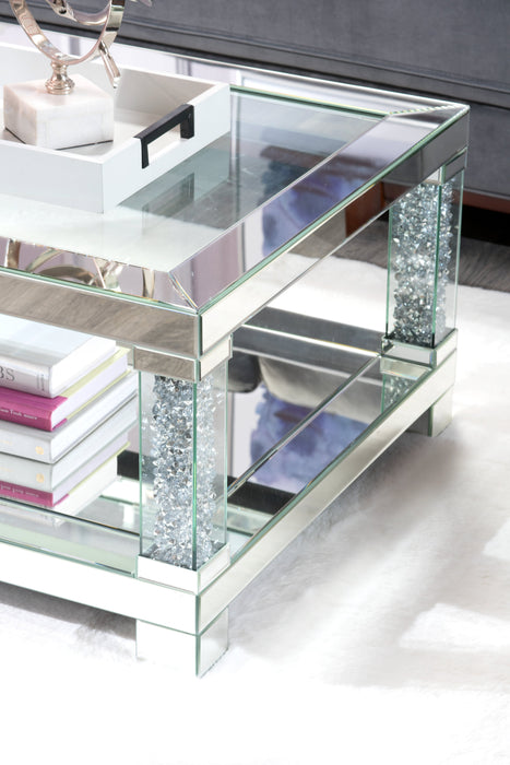 Berni 47.2\" Glam Mirror & Glass Top Coffee Table with Shelf - Silver Metal with Diamond Look Legs