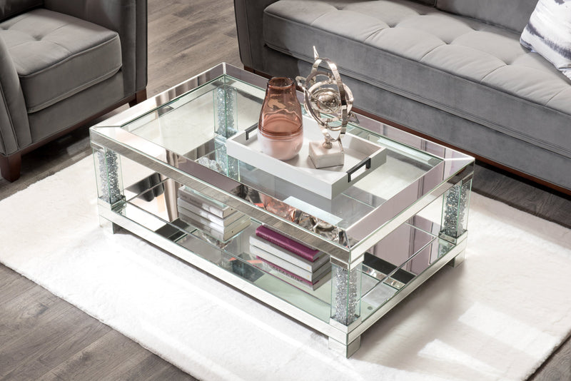 Berni 47.2\" Glam Mirror & Glass Top Coffee Table with Shelf - Silver Metal with Diamond Look Legs