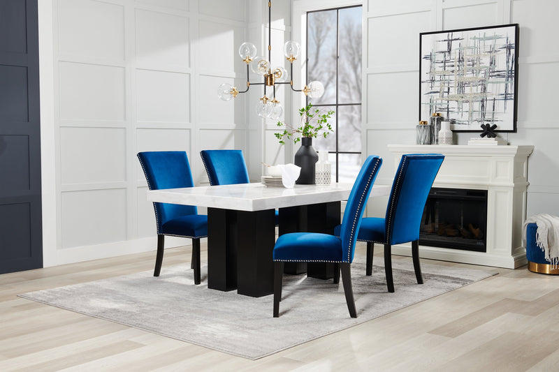 Cami 5pc Dining Set with Table & 4 Blue Chairs, Genuine Marble Top, 70\"W 