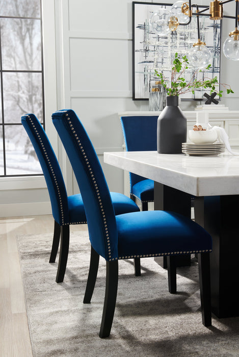 Cami 5pc Dining Set with Table & 4 Blue Chairs, Genuine Marble Top, 70\"W 