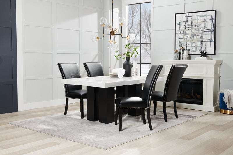 Cami 5pc Dining Set with Table & 4 Black Chairs, Genuine Marble Top, 70\"W 
