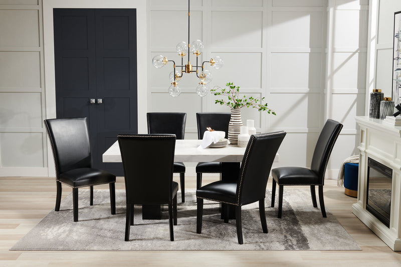 Cami 7pc Dining Set with Table & 6 Black Chairs, Genuine Marble Top, 70\"W 