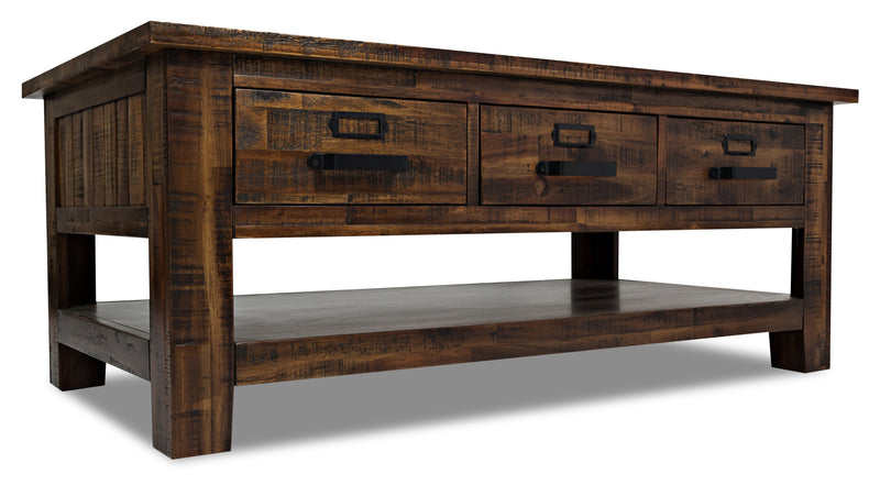 Casey 48\" Rustic Coffee Table with Storage, Shelf and Casters - Brown Wood