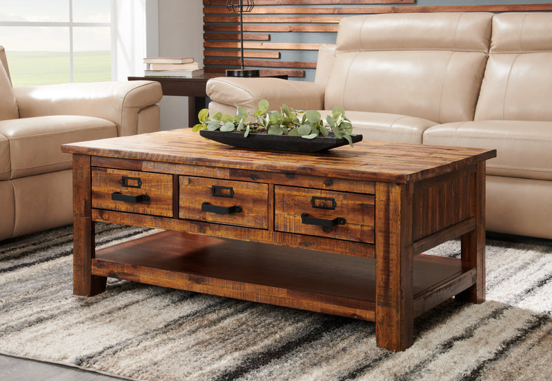 Casey 48\" Rustic Coffee Table with Storage, Shelf and Casters - Brown Wood