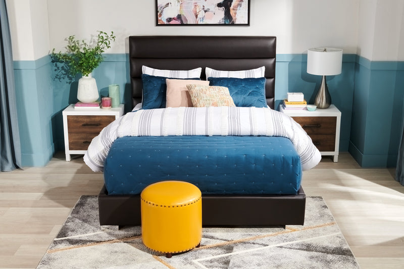 Kort & Co. Clay Upholstered Platfom Bed in Brown Vegan-Leather Fabric, Tufted - King Size