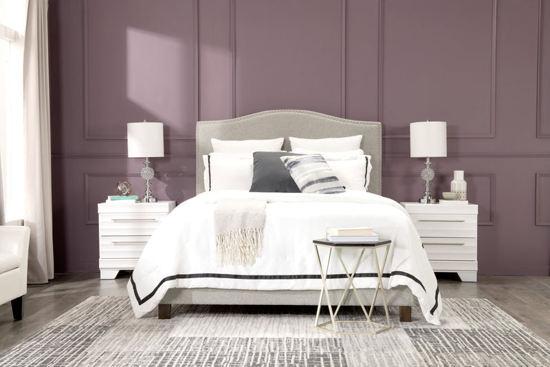 Cove Upholstered Platform Bed in Grey Fabric with Nailhead Design - King Size