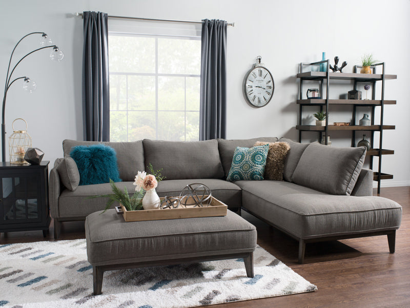 Cindy Crawford Home Gena 45\" Linen-Look Fabric Ottoman with Wood Base and Legs - Charcoal Grey