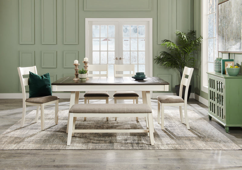 Echo 6pc Dining Table Set with Table, Bench & 4 Chairs, Storage Drawers, Trestle Base, 70\"W - White/Grey