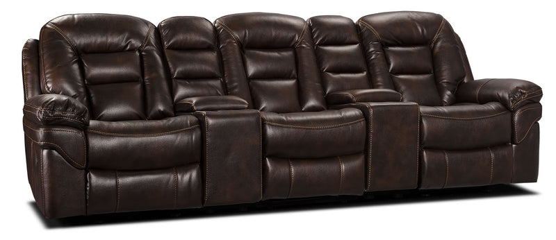 Leo 5-Piece Leather-Look Fabric Home Theatre Reclining Sectional with Storage Consoles and Cupholders - Walnut Brown