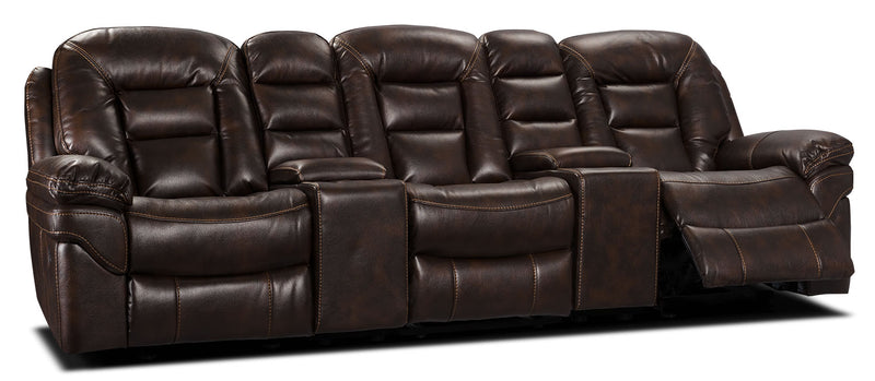 Leo 5-Piece Leather-Look Fabric Home Theatre Reclining Sectional with Storage Consoles and Cupholders - Walnut Brown