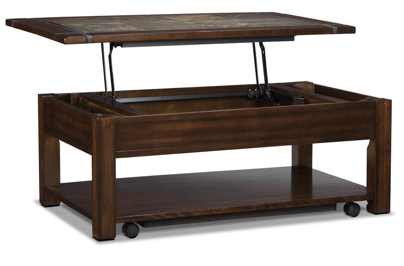 Roanoke 50\" Rustic Lift Top Coffee Table with Storage and Shelf - Dark Cherry Wood and Slate Inlay