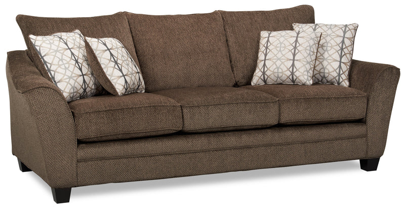 Made in Canada Febe 100\" Chenille Fabric Queen-Size Sofa Bed with Flared Arms and Accent Pillows - Brown