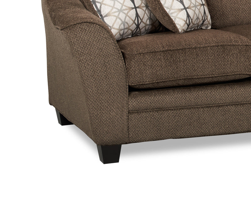 Made in Canada Febe 85\" Chenille Fabric Condo-Size Sofa with Flared Arms and Accent Pillows - Brown