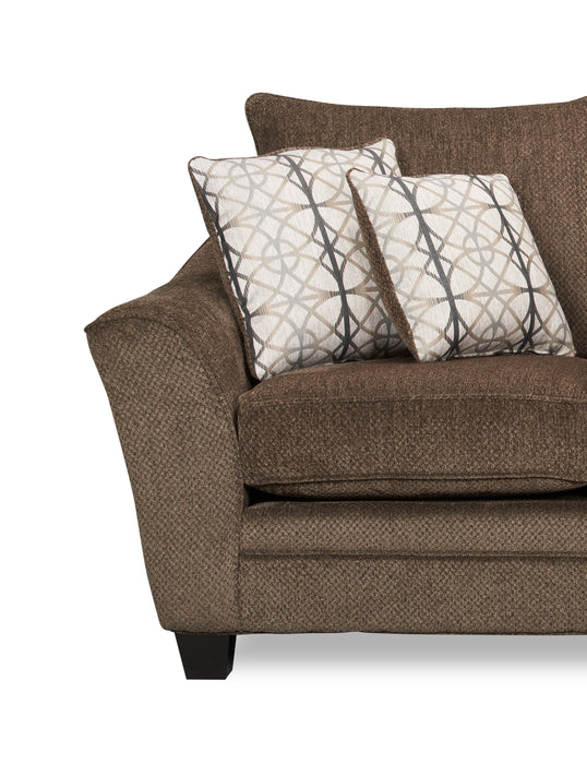 Made in Canada Febe 64\" Chenille Fabric Condo Size Loveseat with Flared Arms and Accent Pillows - Brown