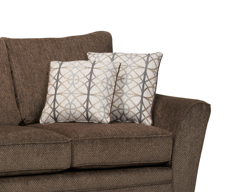 Made in Canada Febe 85\" Chenille Fabric Condo-Size Sofa with Flared Arms and Accent Pillows - Brown