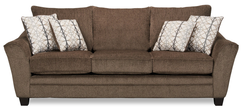 Made in Canada Febe 100\" Chenille Fabric Sofa with Flared Arms and Accent Pillows - Brown