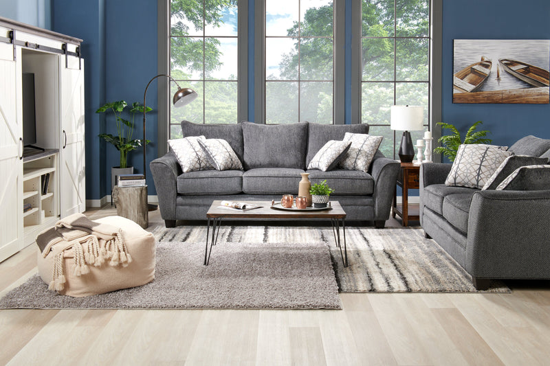 Made in Canada Febe 75\" Chenille Fabric Loveseat with Flared Arms and Accent Pillows - Charcoal Grey