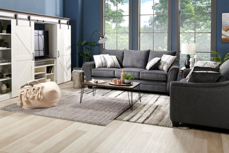 Made in Canada Febe 75\" Chenille Fabric Loveseat with Flared Arms and Accent Pillows - Charcoal Grey