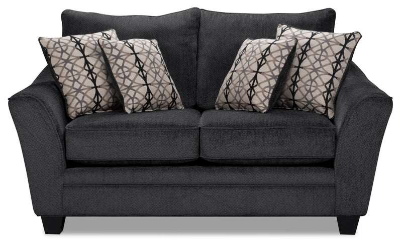 Made in Canada Febe 75\" Chenille Fabric Loveseat with Flared Arms and Accent Pillows - Charcoal Grey