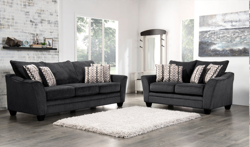 Made in Canada Febe 75\" Chenille Fabric Loveseat with Flared Arms and Accent Pillows - Charcoal Grey