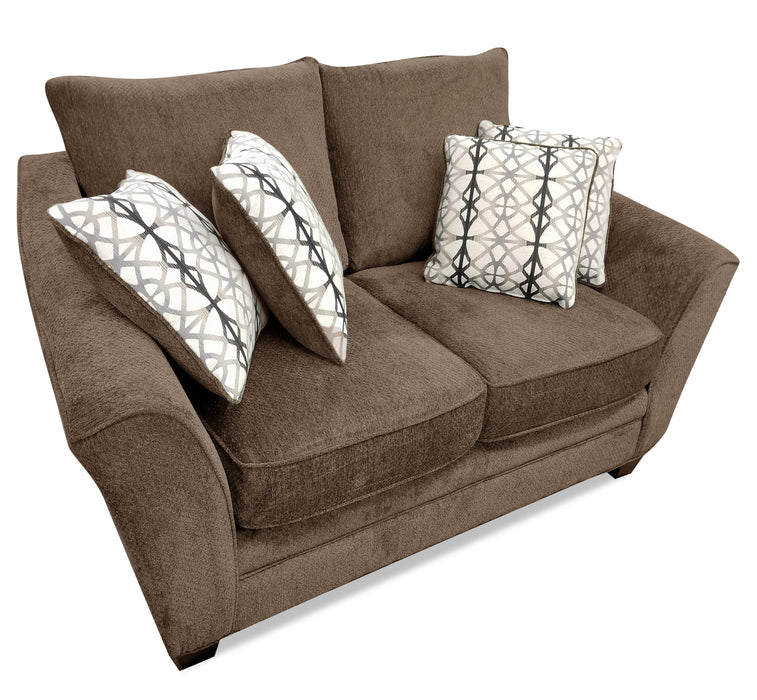 Made in Canada Febe 64\" Chenille Fabric Condo Size Loveseat with Flared Arms and Accent Pillows - Brown