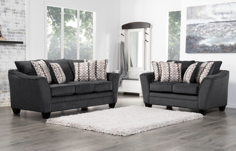 Made in Canada Febe 85\" Chenille Fabric Condo-Size Sofa with Flared Arms and Accent Pillows - Charcoal Grey