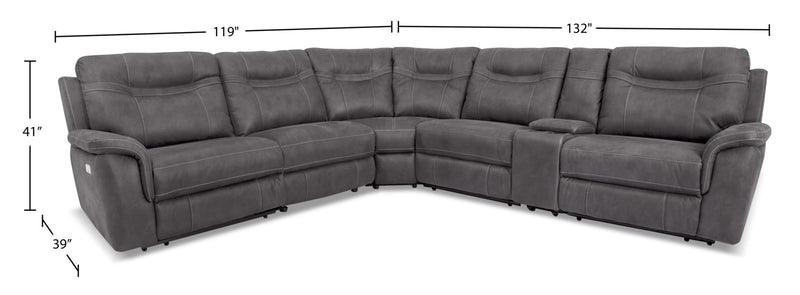 Floy 6-Piece Faux Suede Power Reclining Sectional with Power Headrests, Storage Console and USB Port - Grey