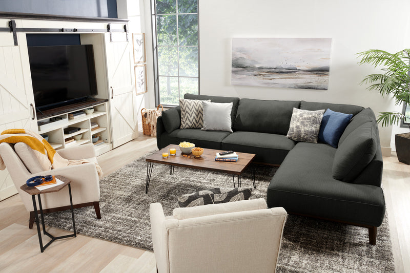 Cindy Crawford Home Gena 2-Piece Right-Facing Linen-Look Fabric Sectional with Wood Legs - Charcoal Grey